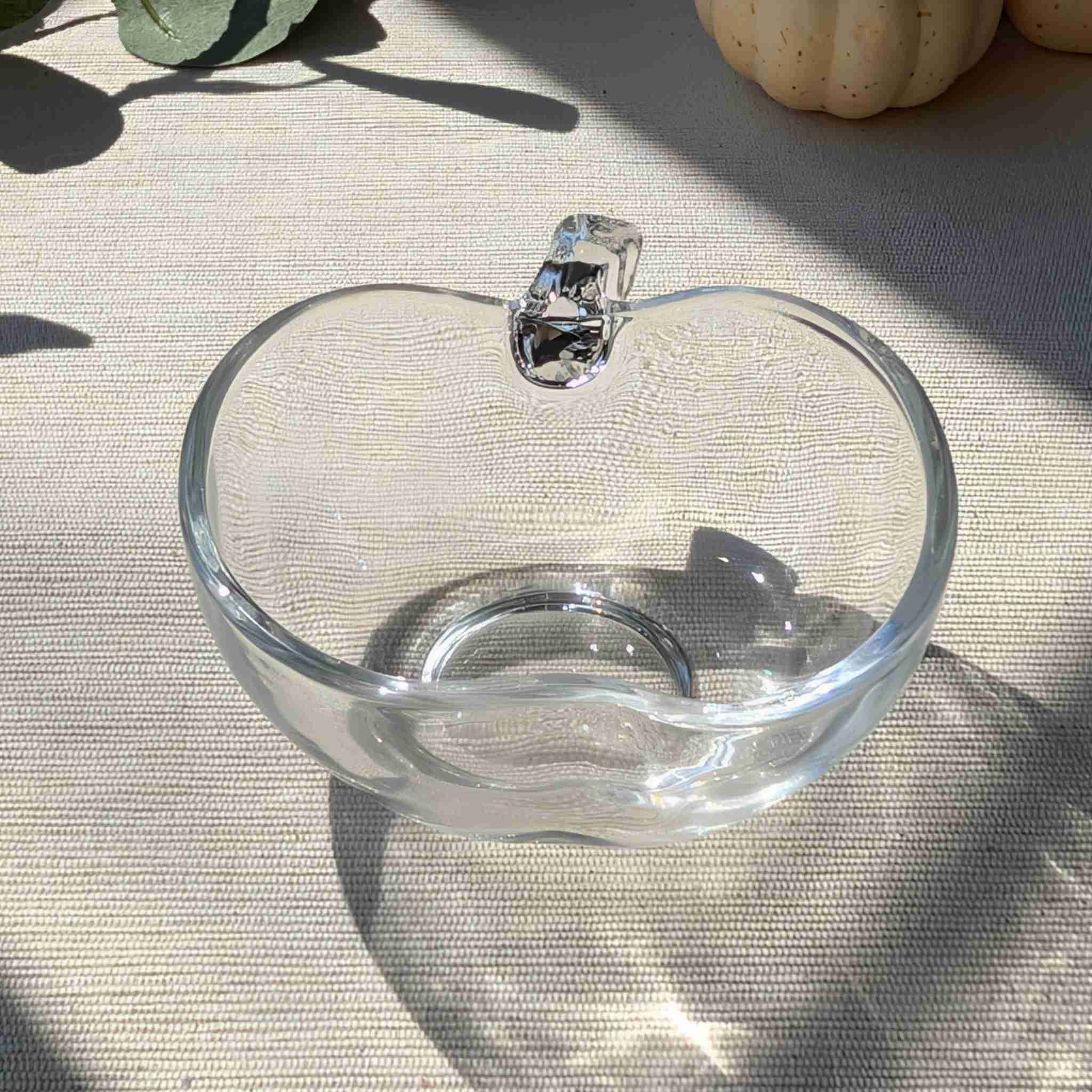 Clear glass apple-shaped dish, perfect as a small dessert bowl, fruit dish, or decorative trinket tray