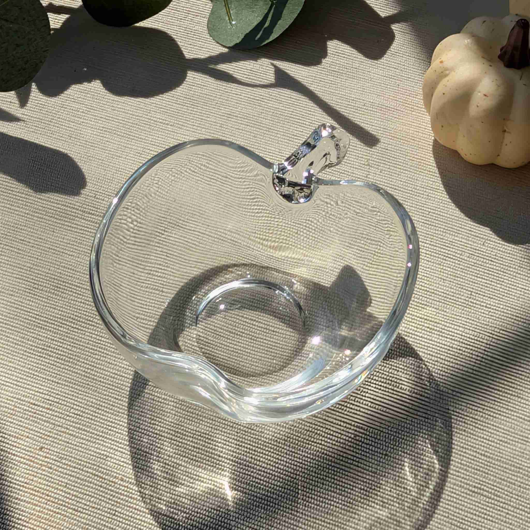 Clear glass apple-shaped dish, perfect as a small dessert bowl, fruit dish, or decorative trinket tray
