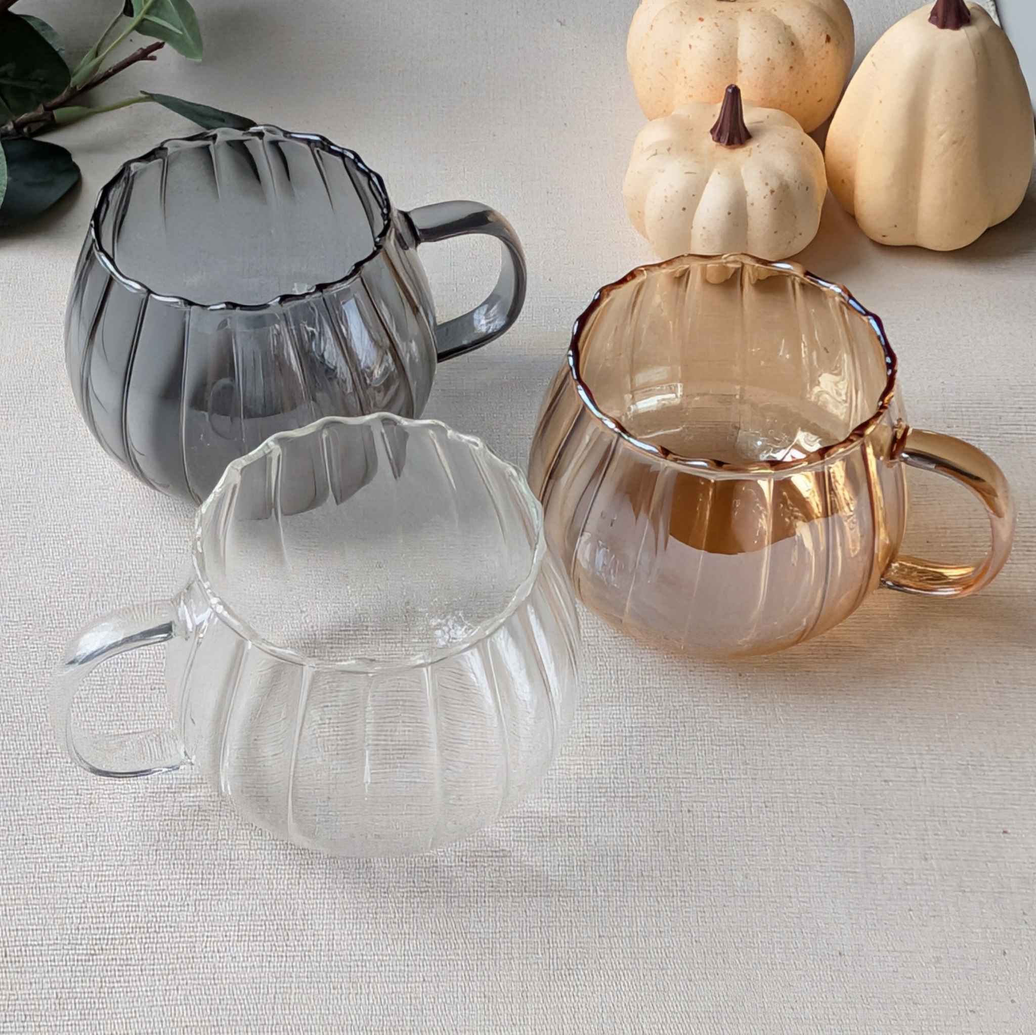 Lightweight amber grey clear pumpkin-shaped glass mug set