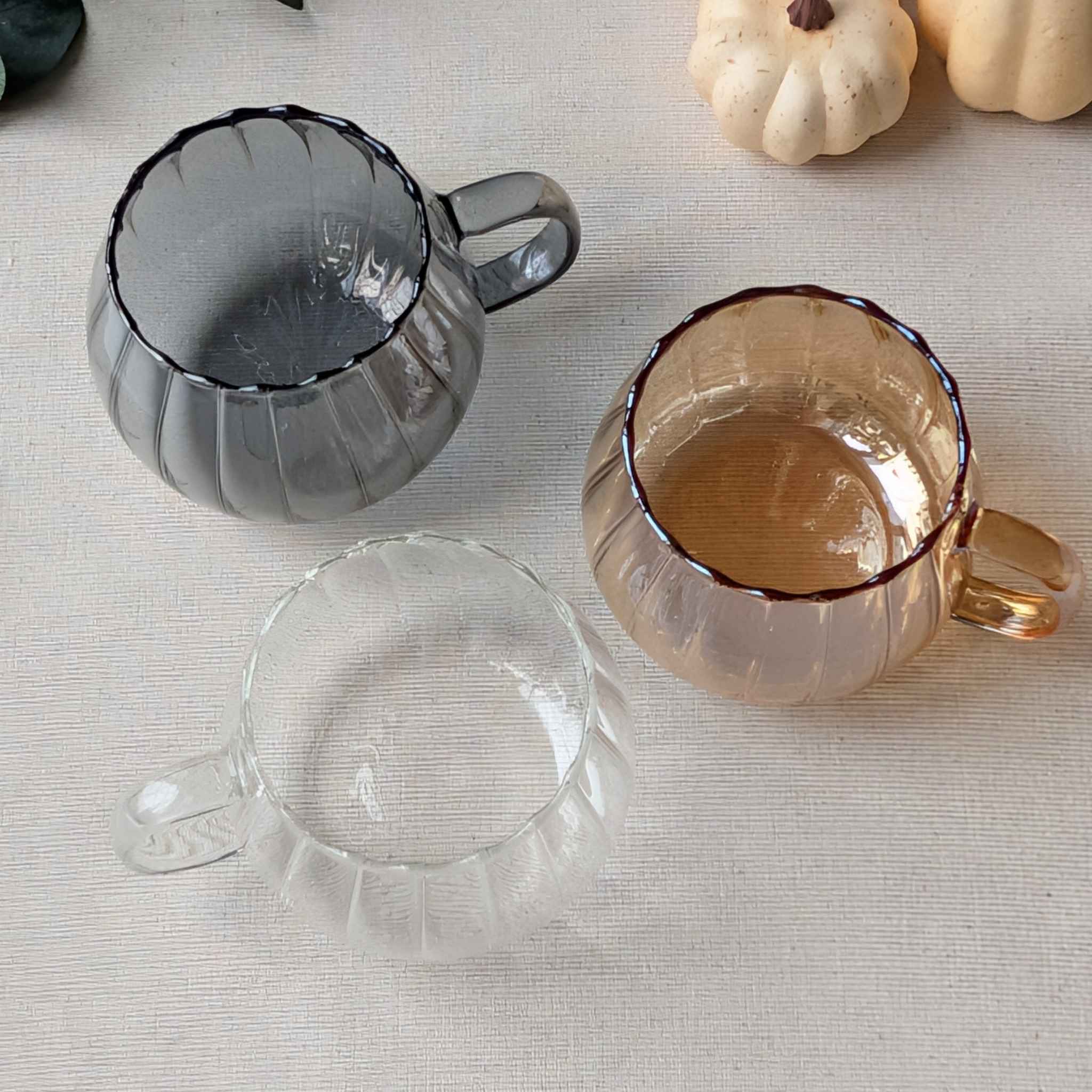 Lightweight amber grey clear pumpkin-shaped glass mug set