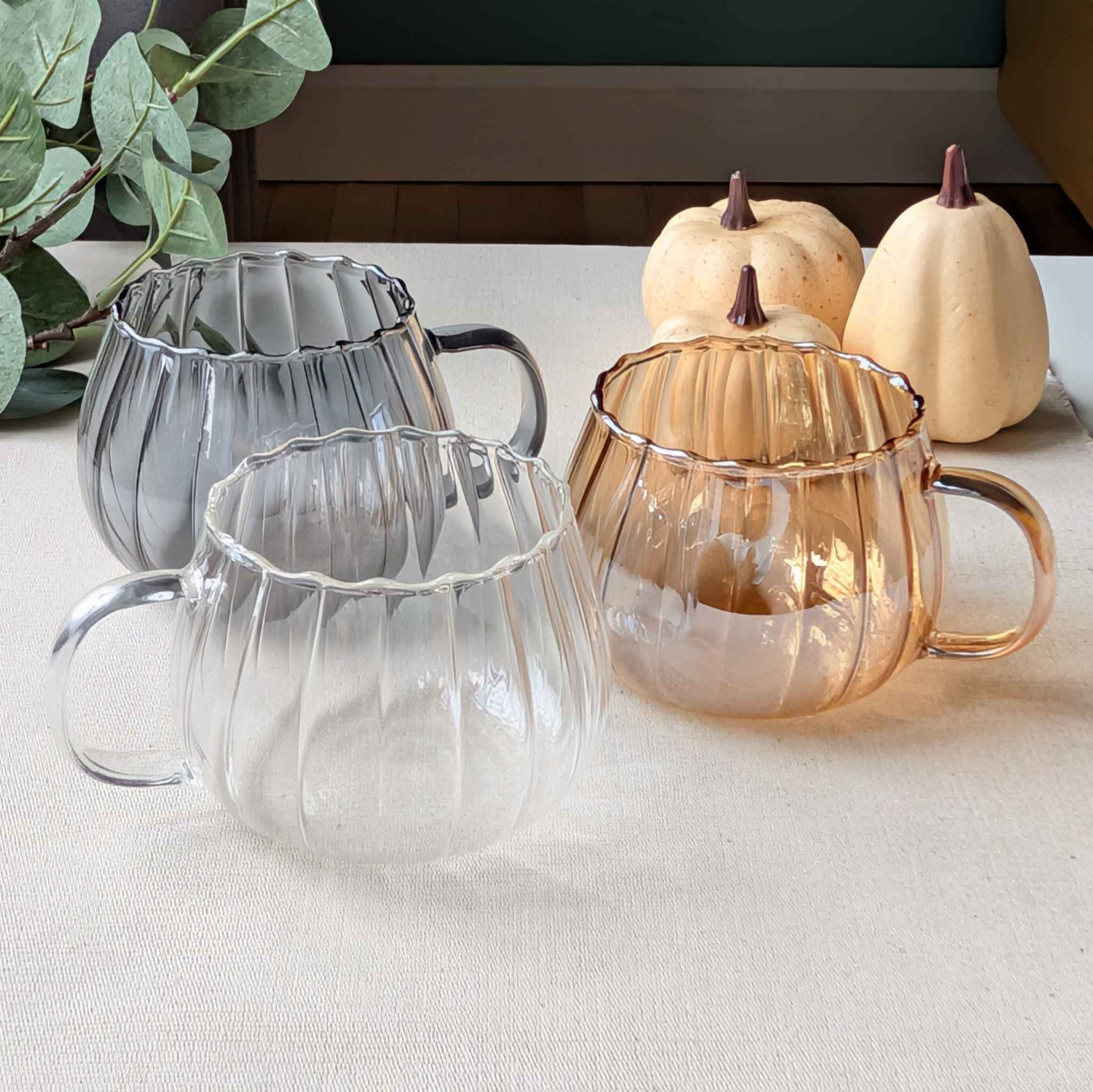 Lightweight amber grey clear pumpkin-shaped glass mug set