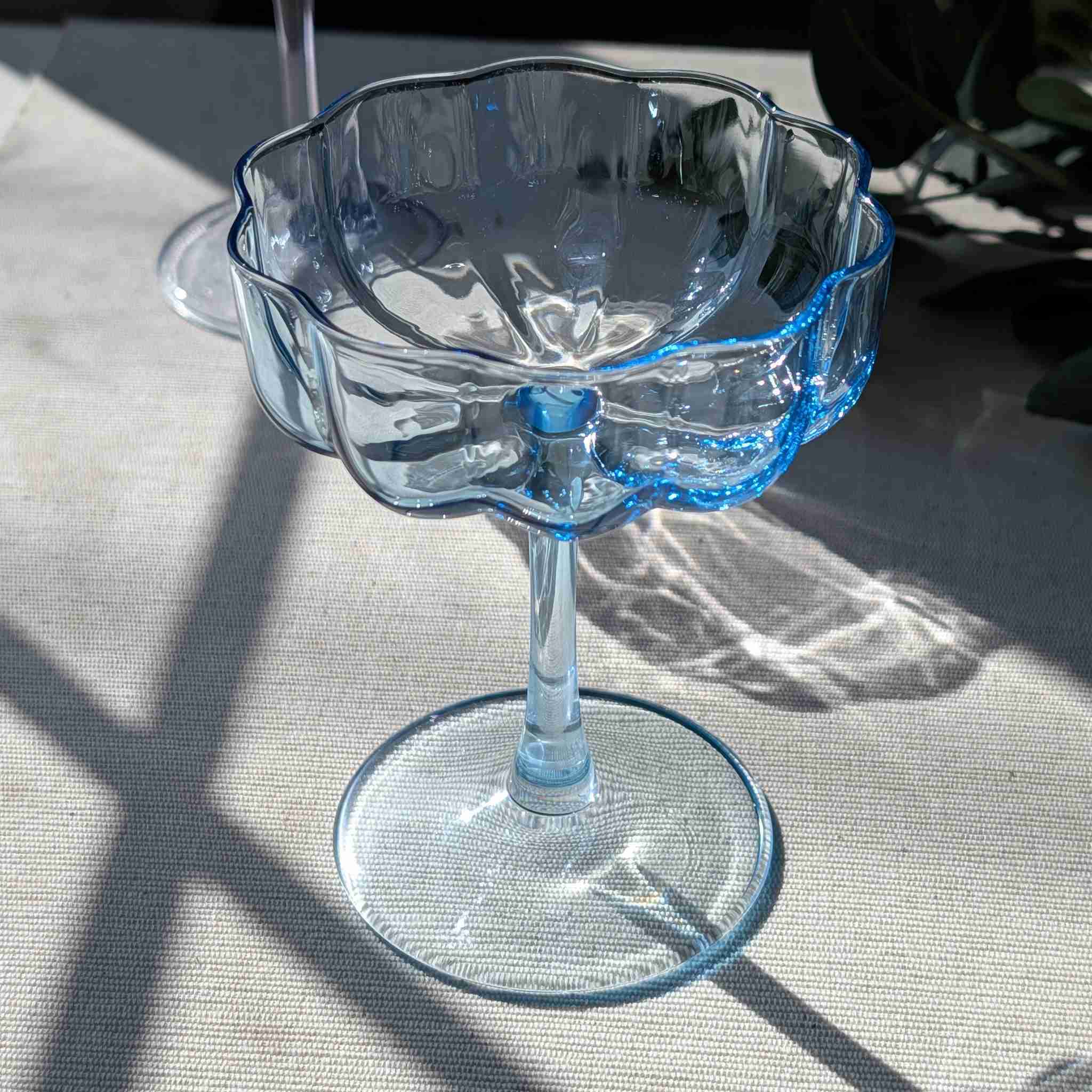 Purple vintage-inspired scalloped glass coupe, elegant stemmed glassware for cocktails, champagne, or desserts