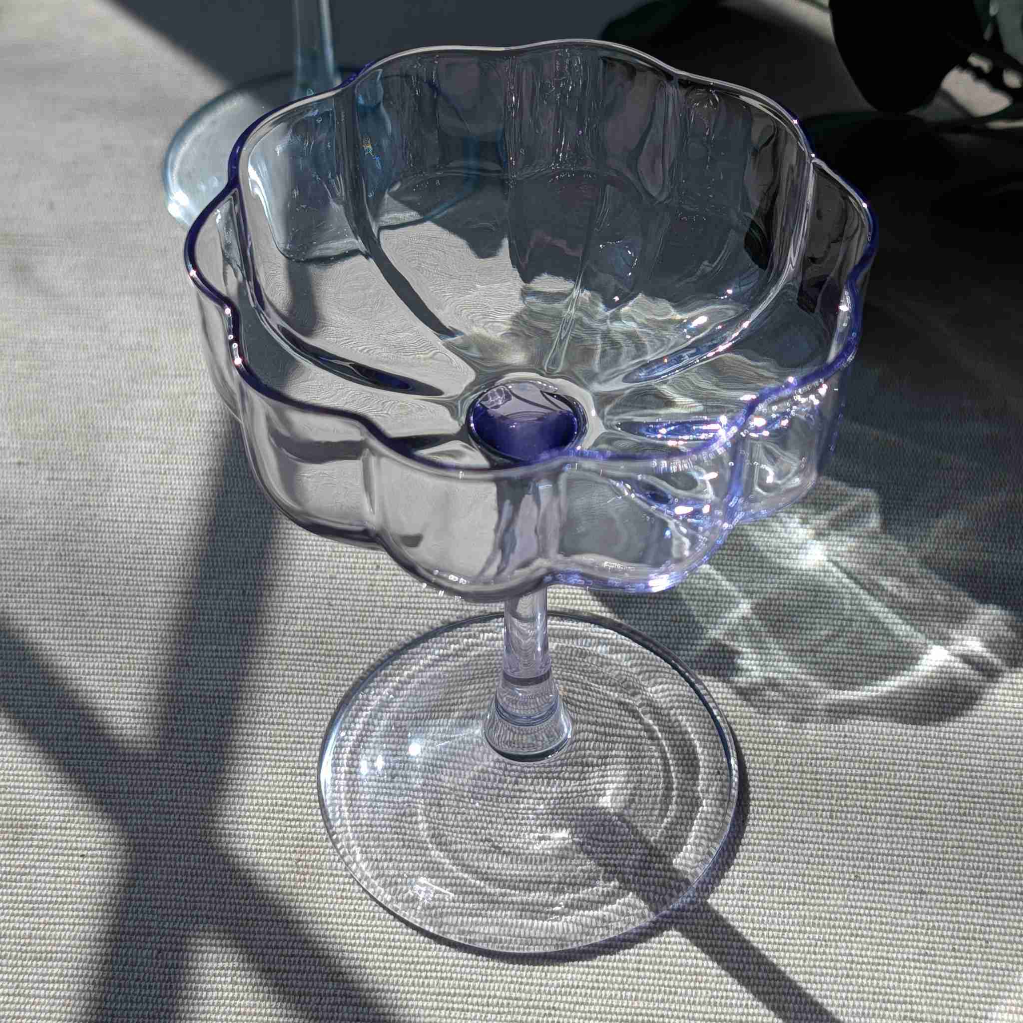 Purple vintage-inspired scalloped glass coupe, elegant stemmed glassware for cocktails, champagne, or desserts